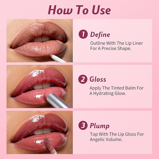 3PCS Lip Combo Set - Matte Lip Liner Pencil + Hydrating Tinted Lip Balm + Juicy Lip Gloss Tint, Non-Sticky, Long-Lasting, High Pigment Lip Makeup Kit (Sweet Fig Set)