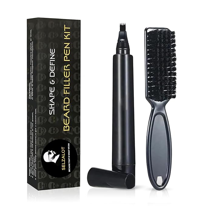 SELZALOT Beard Filler Pen (4-Tip) - Black Beard Pencil Filler for Men Waterproof Patchy Beard Solution - Beard Filler Kit Long Lasting Beard Filling Pen with Brush