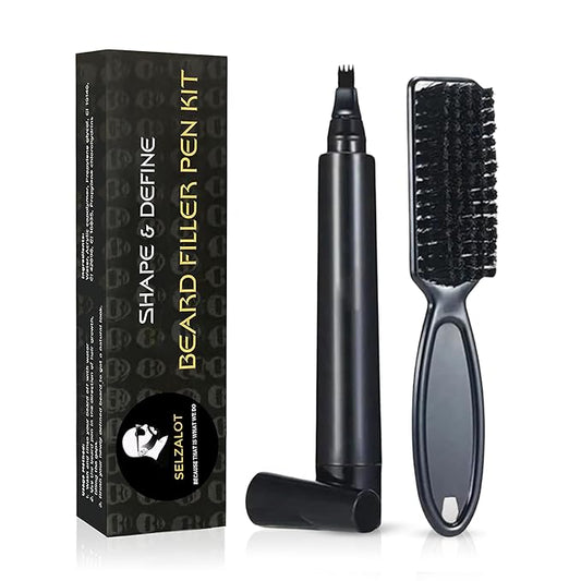 SELZALOT Beard Filler Pen (4-Tip) - Black Beard Pencil Filler for Men Waterproof Patchy Beard Solution - Beard Filler Kit Long Lasting Beard Filling Pen with Brush