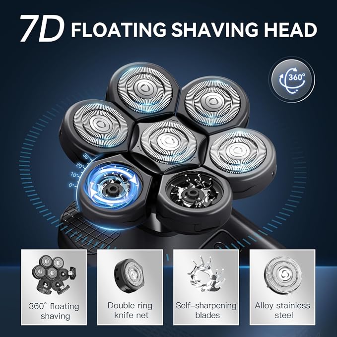 7D Head Shavers for Bald Men - 5 in 1 kensen Electric Head Hair Shaver, Christmas Gift Head Electric Razor with Nose Hair & Beard Trimmer Cordless IPX6 Waterproof Wet Dry LED Display Travel Case