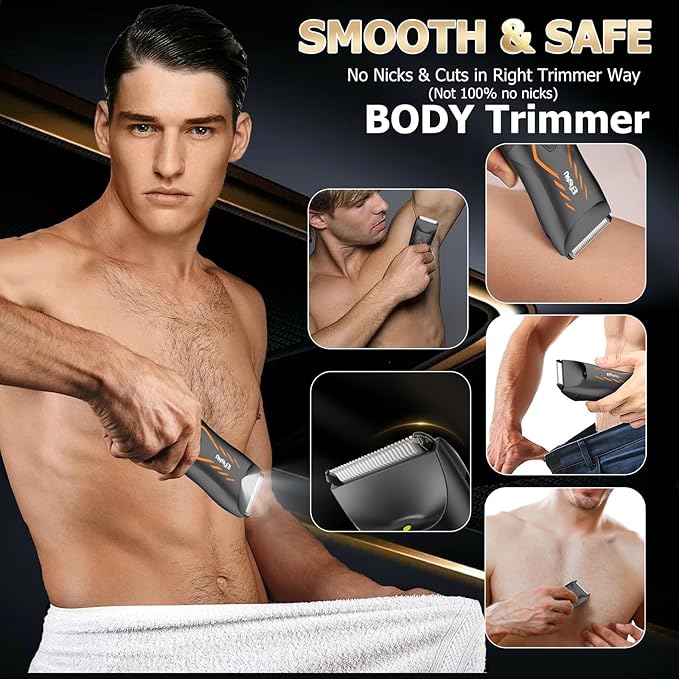 ENSSU Manscape Body Hair Trimmer for Men, Pubic Groin Hair Trimmer for Men with Safe Blade,Cordless Ball Shaver w/Light, Charging Dock,Waterproof Body Groomer Man,LED Display,1H Charge,Orange