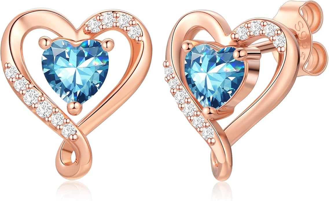 Zifeel Earrings for Women, S925 Sterling Silver Rose Gold Birthstone Heart Studs Earring for Girlfriend Wife, Anniversary Birthday Christmas Valentines Mothers Day Gifts Jewelry for Women Wife Her Mom