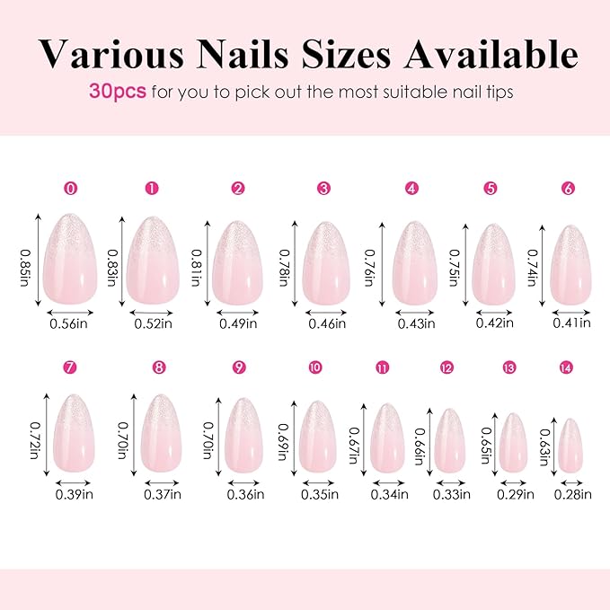 Canvalite Short Press On Nails, Almond Press on Nails Short Pink White Ombre Glossy Reusable Acrylic Fake Nails with Glue & Glue Remover Easy to Use 30Pcs Manicure Kit for Women