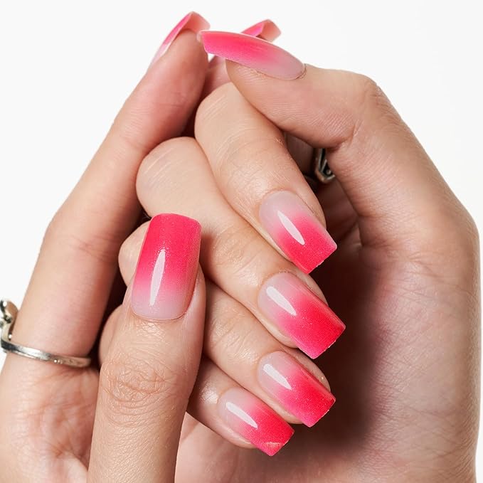 GLAMERMAID Hot Pink Crush Press on Nails Medium Square, French Tip Ombre Gel False Nals Shrimmer, Shrimmer Blush Glue on Nails Kit for Women, Reusable Stick on Acrylic Fake Nails Manicure Set