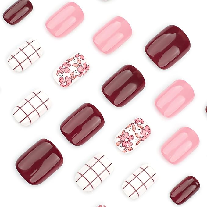 XZMeiLun Press On Nails Spring Summer Acrylic Nails for Women - Lattice Flower Designer Fake Nails Short Square 24PCS, Outdoor Picnic/Wedding/Party Reusable Stick On Nails Gift