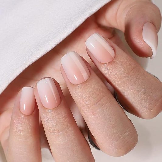 RPNZL Press On Nails - Peach | Short Squoval Ombre French Tip, UV Finish, Reusable Salon Quality | 16 Sizes - 32 Nails, 16 Sizes Kit with Glue and Adhesive Tabs I Female Founded