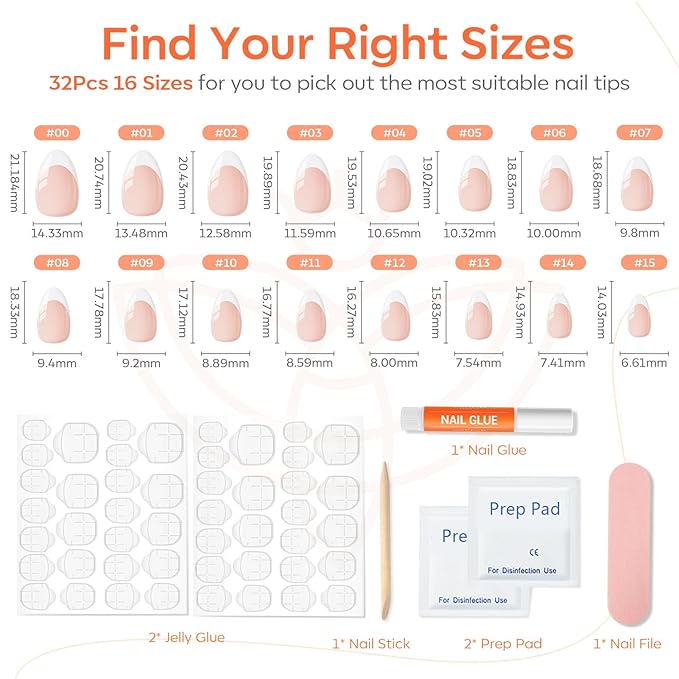 Modelones French Tip Press on Nails Almond, Valentine's Day Short Almond Fake Nails, Reusable Nail Kit with Nail Glue Adhesive Tabs Mini Nail File, Nails Press Ons 32Pcs 16 Sizes