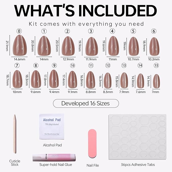 Press On Nails Short, 16 Sizes 32pcs, Almond Fake Nails Glossy, Nail Glue Included (Milky Way)