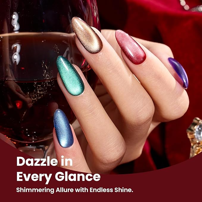 Beetles Velvet Starlight Cat Eye Gel Nail Polish Set, 6 Colors Christmas Gel Nail Kit Glitter Red Green Pink Shiny Brown Burgundy Purple Blue Magnetic Effect Soak Off UV Manicure Gifts for Women