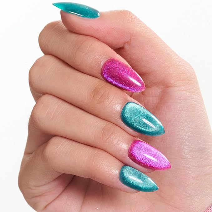 GLAMERMAID Pink Blue Magnet Cat Eyes Press On Nails Short Almond, Aurora Magnetic Handmade Soft Jelly Gel Fake Nails, Ombre Round Oval Stick Glue on Nail Kit for Women, Reusable Acrylic False Nail Set