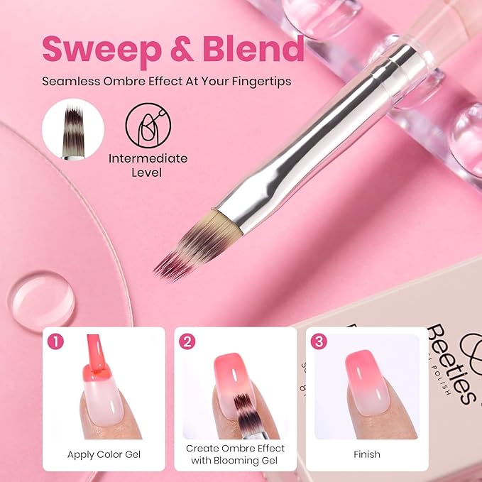 Beetles Blooming Gel and Nail Art Brushes Set - Ombre Nail Brush Gradient Stipple Clean Up Fingernail Art Pens and Silicone Dotting Tool for Gel Polish Marble Blush Chrome DIY Manicure Designs
