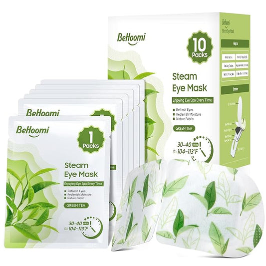 BeHoomi Steam Eye Mask, 10 Packs Heated Eye Mask, Self Heating Disposable SPA Warm Compress for Eyes Sleep Mask, Travel Essentials & Relaxation Gifts, Stocking Stuffers (Green Tea Scent)