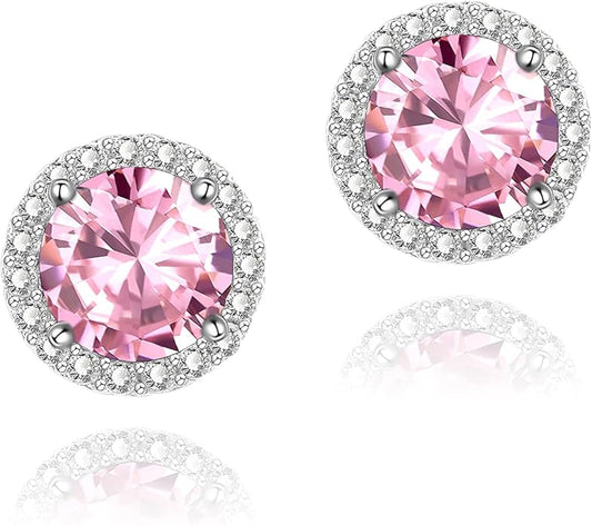 YOMELA Cubic Zirconia Earrings Studs, Halo CZ Birthstone Simulated Diamond Stud Earrings for Women