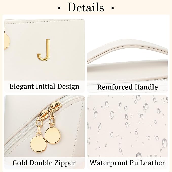 Gifts for Women Bridesmaid Gifts Personalized Initial Makeup Bag PU Leather Cosmetic Waterproof Travel Toiletry Bag (Large)