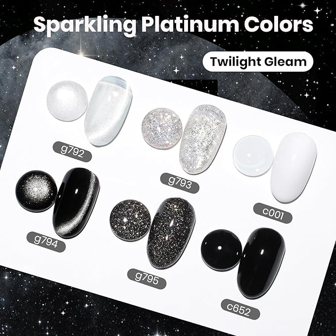 Beetles Gel Nail Polish Set - Twilight Gleam 6 Colors Cat Eye Glitter White Black Silver Shimmer Sparkle Gel Polish Kit with Magnet Soak Off Nail Art Uv Led Home Salon Gift for Women&Girls