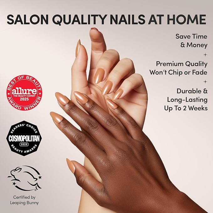 Glamnetic Press On Nails - Maple Glaze | Short Almond Nude Brown Neutral Nails with Glaze Finish | 15 Sizes - 30 Nail Kit with Glue