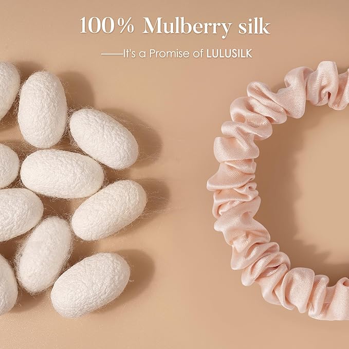 LULUSILK Small Silk Hair Ties No Damage, 100% Real Mulberry Silk, Skinny Scrunchies Ponytail Holders for Thin Fine Hair, Lotus Pink, Pack of 3