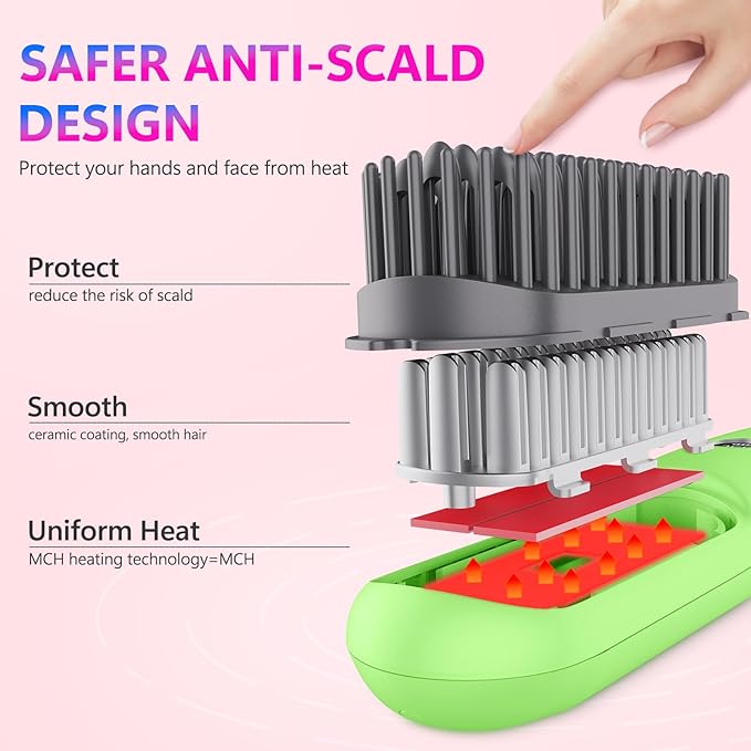 STUDLLY LCD Screen Cordless Hair Straightener Curler 2 in 1, Portable Mini Hair Straightening Brush for Travel Negative Ionic Fast Heating Hot Comb for Women, Folding Brush with Mirror, Green