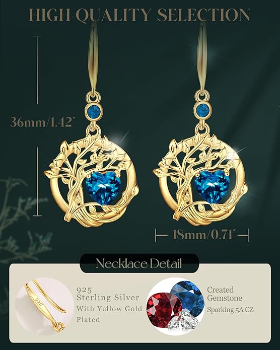 FANCIME Tree of Life Dangle Drop Earrings 925 Sterling Silver Dainty Round Gemstone Birthstone Earring Fine Jewelry Birthday Christmas Gifts for Her Women