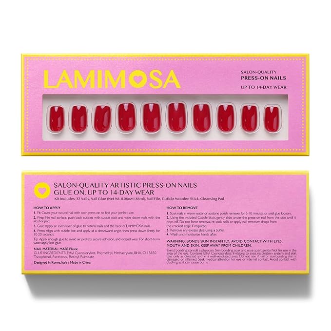 LAMIMOSA 32Pcs Red Press On Nails Short Almond – Soft Gel Fake Nails in 16 Sizes, Reusable Glue on Nails Kit, RASPBERRY
