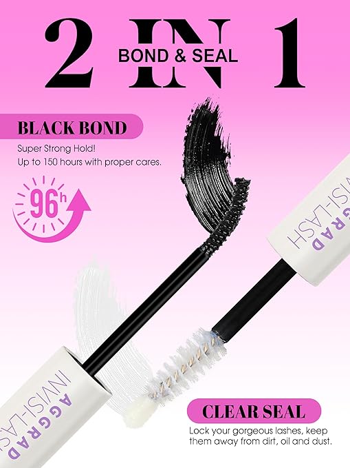 Lash Cluster Bond and Seal Waterproof Glue 150H Super Strong Hold Long-Lasting for Eyelash Clusters Extensions Kit DIY Self Adhesive 2 in 1 Individual Lash Glue Black Bonder & Clear Sealant