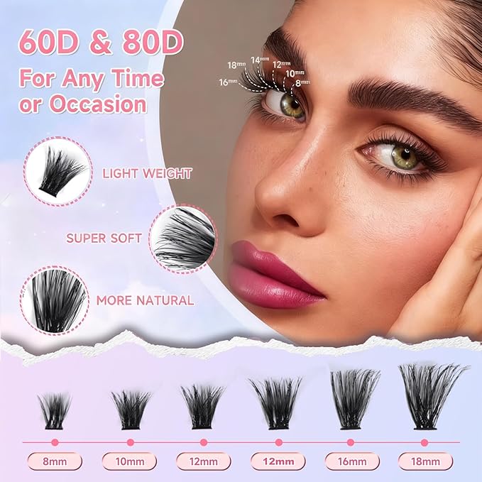 DIY Lash Clusters Kit 240pcs Natural Eyelash Extension Kit, 8-16mm 60D 80D Individual Lashes Kit with Lash Bond and Seal, Lash Extension Kit for Self Use (60D&80D, 0.07D, 8-16mm, Kit)