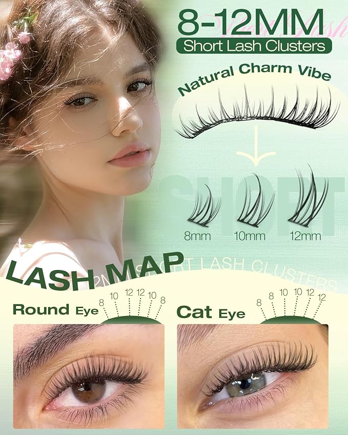 Natural Lash Clusters Kit Short Lash Extension Kit Wispy Eyelash Clusters 8-10-12MM Cluster Eyelash Extensions Manga Cluster Lashes Fairy Individual Lashes DIY CC Curly Eyelash Extension by Lvmixwig