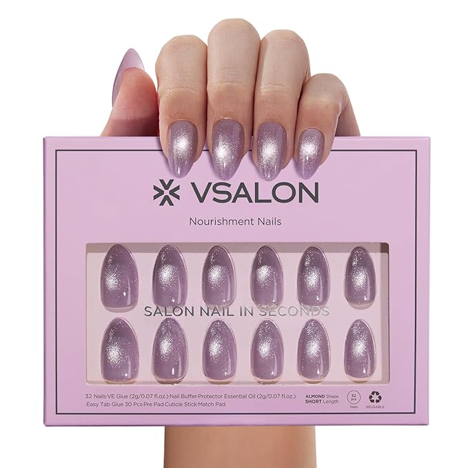 VSALON Press On Nails Short Almond, Purple Cat Eye Glitter Holographic Nails Kit, Reusable Opaque Soft Gel Glue Fake Nails with Glue & Cuticle Oil - 32 PCS in 16 Sizes Valentines Gift for Women