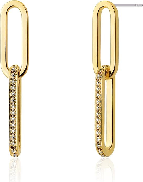 OZEL 14K Gold & Silver Plated Paperclip Chain Earrings with Cubic Zirconia – Dangle, Hoop, Huggie, Stud Styles – Women’s Fashion Jewelry Gift