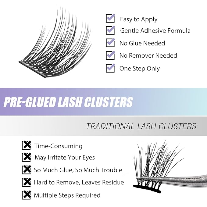 Madam Fifi 156 PCS Self-Adhesive Lash Clusters – No Glue Needed, Dual-Row Sticky Strip Lashes, DIY Individual Lash Extensions, Super Hold False Eyelashes (Volume-Mixed)