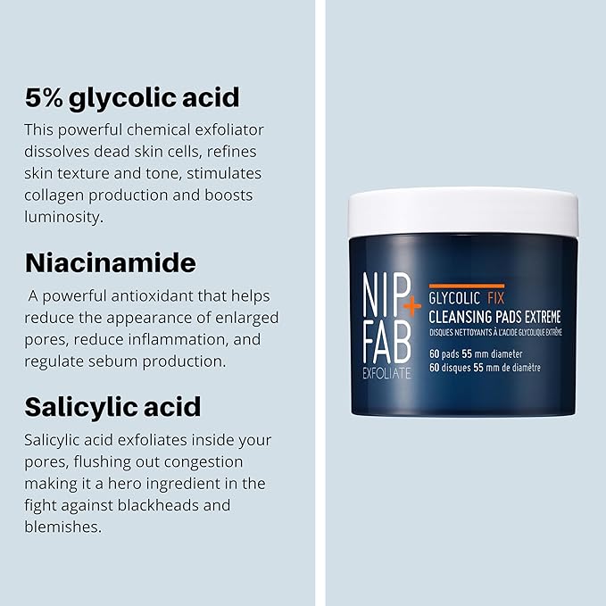 Nip + Fab Glycolic Acid Night Face Pads with Salicylic and Hyaluronic Acid, Exfoliating Resurfacing AHA Facial Pad for Exfoliation Even Skin Tone Blemish Control Pigmentation, 60 Pads, 2.7 Ounce