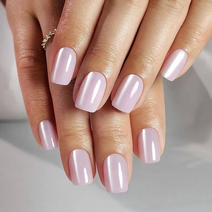 SHANGMENG Pink Cat Eye Press on Nails Square - Soft Gel Valentine Press on Nails Short for Women Gift, Fit Perfectly & Natural Glue on Nails with Glue in 16 Sizes - 32 Reusable Fake Nails, Light Pink