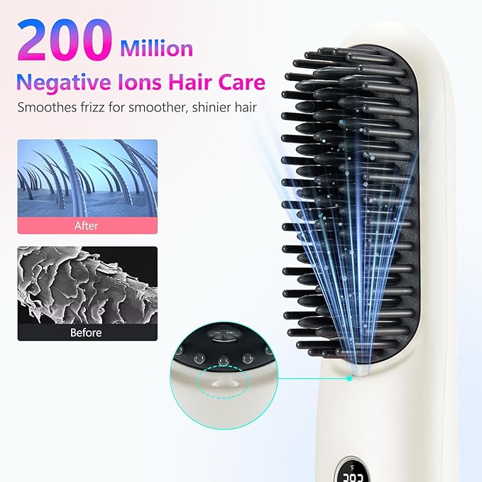 STUDLLY LCD Screen Cordless Hair Straightener Curler 2 in 1, Portable Mini Hair Straightening Brush for Travel Negative Ionic Fast Heating Hot Comb for Women, Folding Brush with Mirror, White