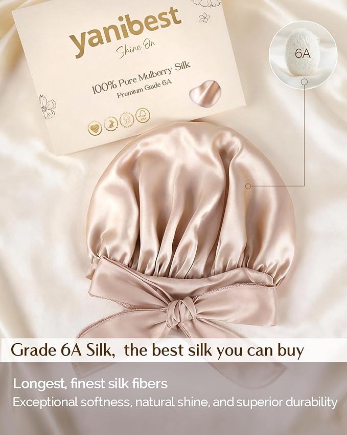 YANIBEST 22 Momme 100% Mulberry Silk Bonnet for Sleeping Women Double Layer Sleep Bonnet with Tie Band, Sleep Cap