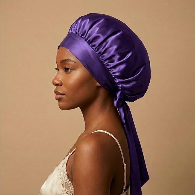 100% Mulberry Silk Hair Sleep Bonnet - Reversible Sleep Bonnet for Women, Wide Band Adjustable Tie, Night Cap for Curly Hair