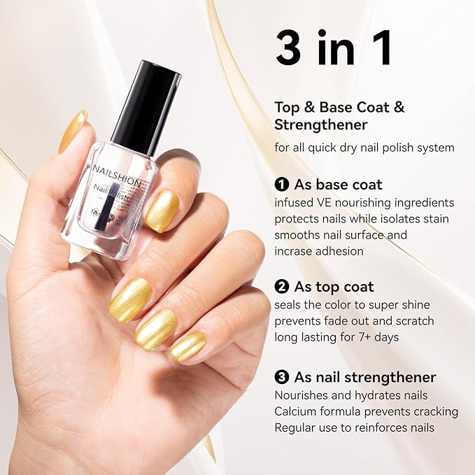 Nailshion Metallic Gold Nail Polish with Base Top Coat 3 IN 1 Nail Strengthener, Quick Dry Clear & Liquid Golden Nail Polish Duo, Opaque, Non-Gel, Professional Nails Art Kit Home Manicure DIY Gift