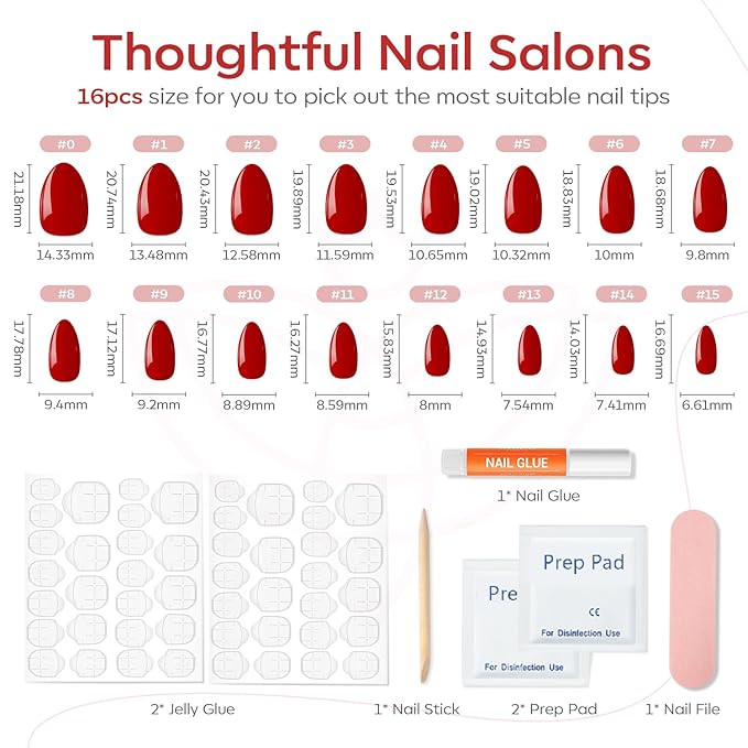 Modelones Red Press on Nails Almond, Valentines Short Almond Fake Nails, Nail Kit with Nail Glue Adhesive Tabs Mini Nail File, Nails Press Ons 32 Pcs16 Sizes, Women Girl Gift