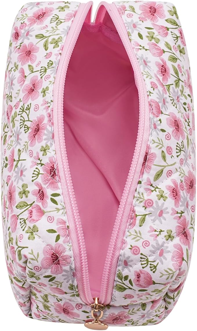 Cute Floral Makeup Bag Small Cotton Quilted Cosmetic Bag, Aesthetic Essential Bag Emergency Bag Gift for Women Girls Travel Accessories (Pink Big Flowers)