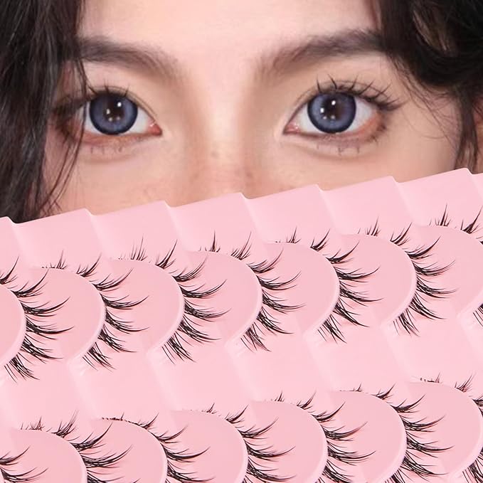outopen 10 Pairs Manga Lashes Natural Look False Eyelashes Wispy Spiky Anime Lashes Korean Japanese Asian Style Cosplay Fake Eyelashes with Clear Band