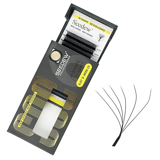 SEEDEW 6D Lash Extensions, 0.07mm D Curl MIX8-15mm 12 Rows/Tray, W Shape Flat Stem, PBT Mega Volume Eyelash Grafting for Beginner Artist, Lash Tech, Beauty Salon(6D-Matte Black-0.07-D-MIX8-15mm)