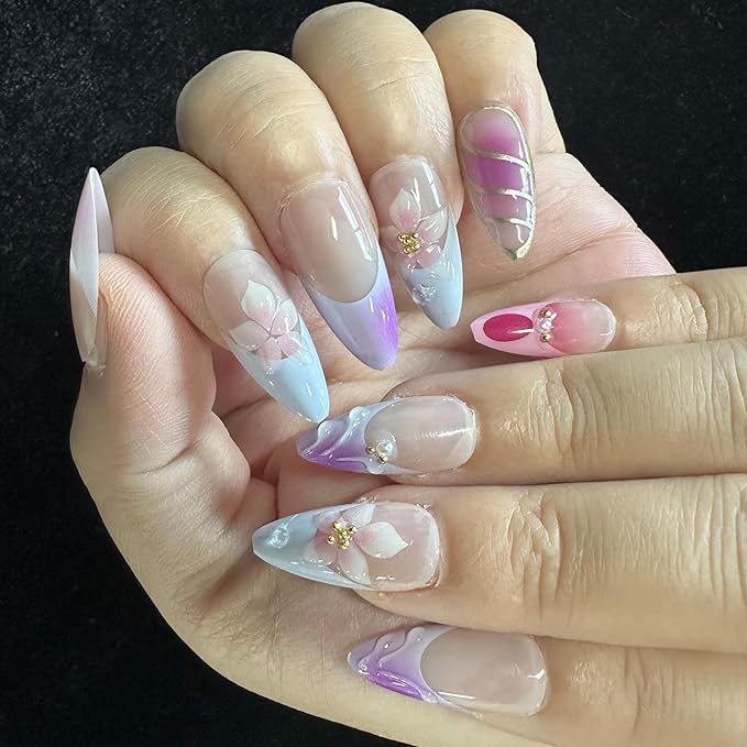 JONKASIPA 24 Pcs Press On Nails, Pink Acrylic Fake Nails French 3D Flower Pearls Decorative Nail Art for Women
