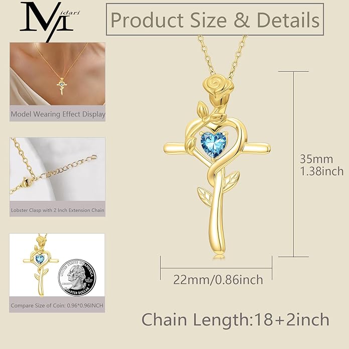 Midari 18K Yellow Gold Cross Pendant Rose Birthstone Necklaces for Women Christian Cross Jewelry with 12 Months Birthstone Birthday Gifts for Wife Her Daughter Mom