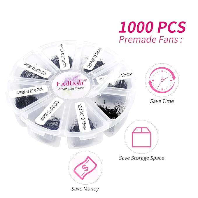 Eyelash Extension 1000pcs Mix Premade Fans Eyelash Extensions D Curl Promades Eyelash Volume Lash Extensions Loose Fans Pre Made Volume Lashes Pointed Base (12D-0.07D, 15-20mm)