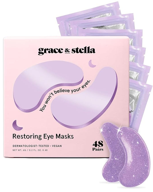 grace & stella Retinol Under Eye Patches for Puffy Eyes and Dark Circles - Restoring Gel Under Eye Masks with Hyaluronic Acid - Vegan Skincare, White Elephant Gifts for Adults (Purple, 48 Pairs)