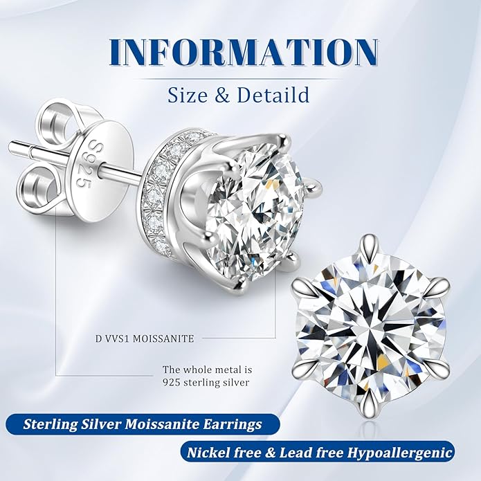 Moissanite Stud Earrings 1.2ct-2.4 ct DF Color Grade Round Cut Lab-Grown Moissanite Earrings 18K White Gold Plated Sterling Silver Friction Back for Women Men