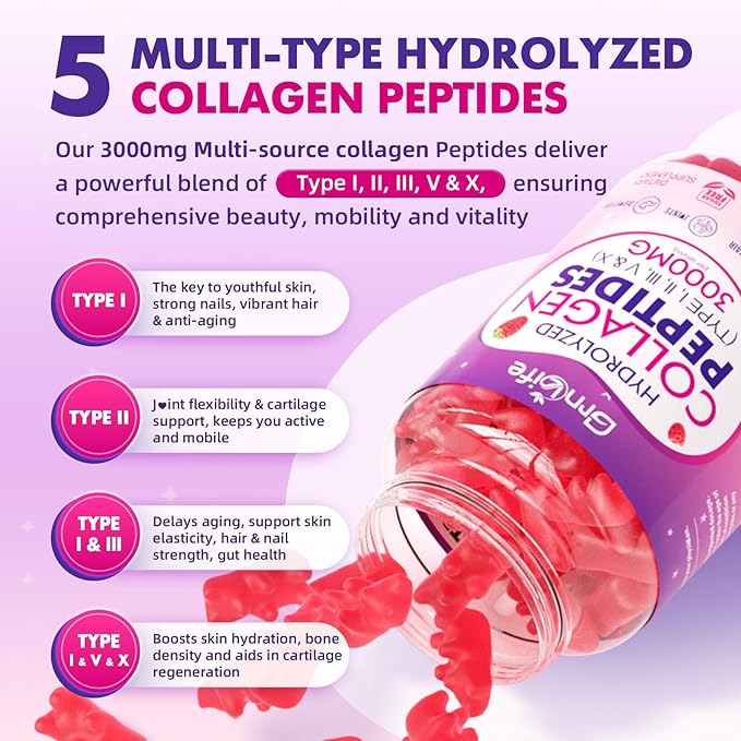 Collagen Gummies for Women & Men Sugar-Free, Hydrolyzed Collagen Peptides with Antioxidant Blend & Digestive Enzymes, Multi Collagen (Type I,II,III,V,X) for Skin Hair Nails, Raspberry Flavor, 60 Count