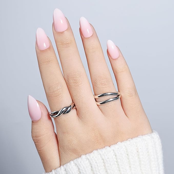 Leefrei Light Pink Press On Nails - Glossy Finish Pink Fade Press On Nails Short Almond Nails Press Ons for Women Fake Nails with Glue, Reusable Glue on Nail in 16 Sizes - 32pcs, Soft Blush