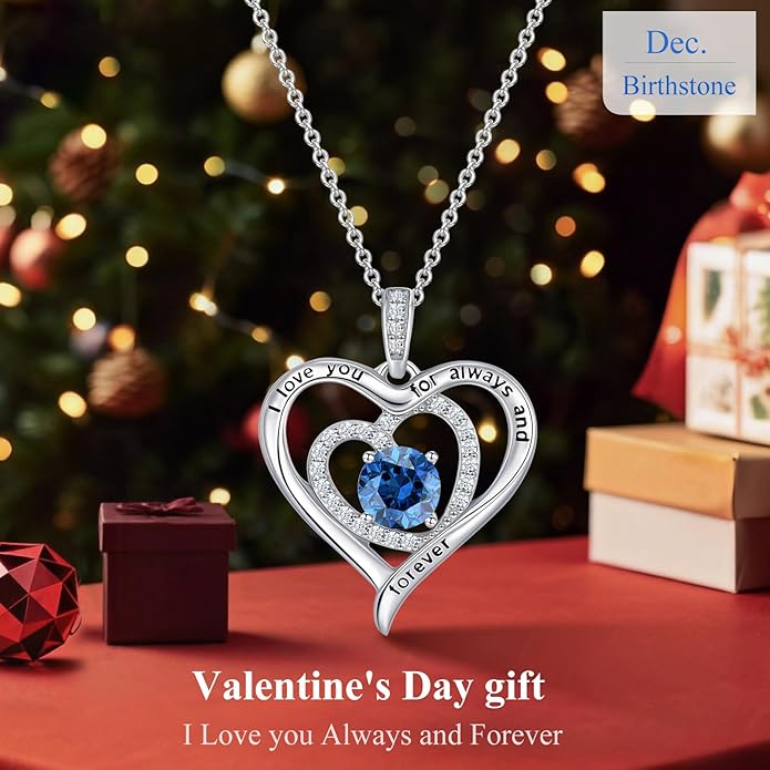 S925 Sterling Silver Necklace for Women, Valentines Day Gifts for Her, Love Heart Birthstone Necklaces for Women, Wife Jewelry, Mom Birthday Valentines Mothers Day Gifts, Girlfriend Necklaces, Daughter Heart Jewel, Anniversary for Her