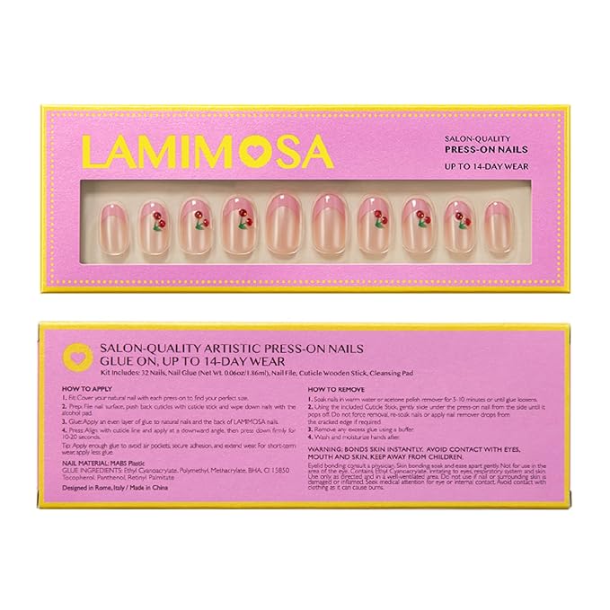 LAMIMOSA 32Pcs Pink French Tip Press On Nails Short Round - Soft Gel Fake Nails in 16 Sizes with 3D Cherry Accents, Reusable Glue on Nails Kit, CHERRY ON TOP