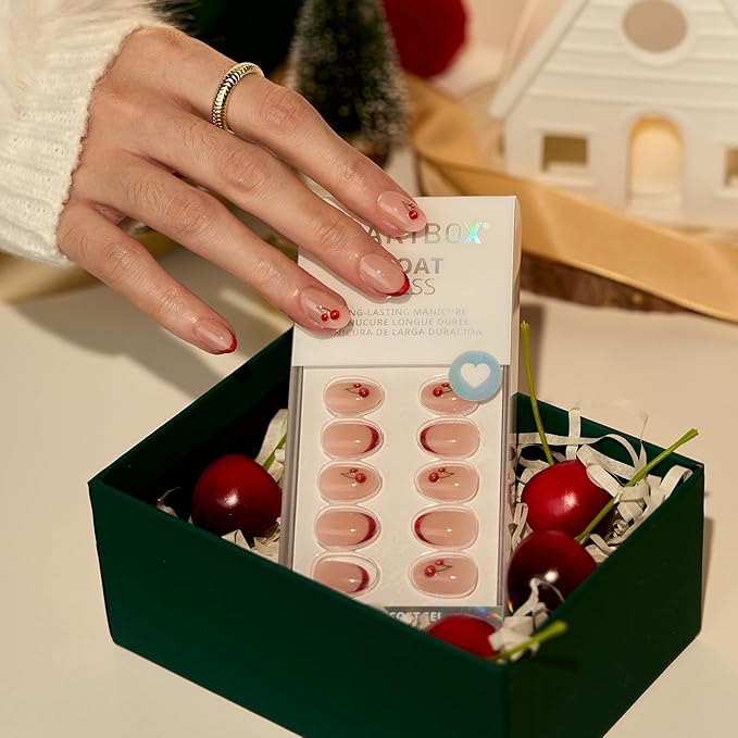 BTArtbox French Tip Press On Nails - Cherry Charm, Lamp-Curable Extra Short Red Almond Valentines Press On Nails with Glue and Adhesive Tabs for Women in 16 Sizes - 32 Soft Gel Glue On Nails Kit